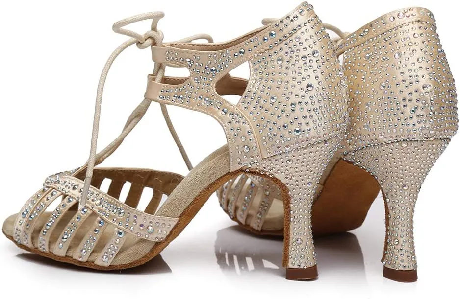 DKZSYIM Women's Latin Dance Shoes Ballroom Performance Rhinestone Shoes,Model YCL387