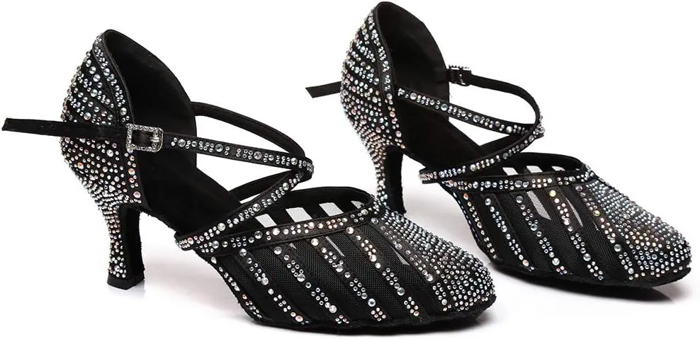 DKZSYIM Women's Latin Dance Shoes Ballroom Performance Rhinestone Wedding Dance Shoes,Model YCL403