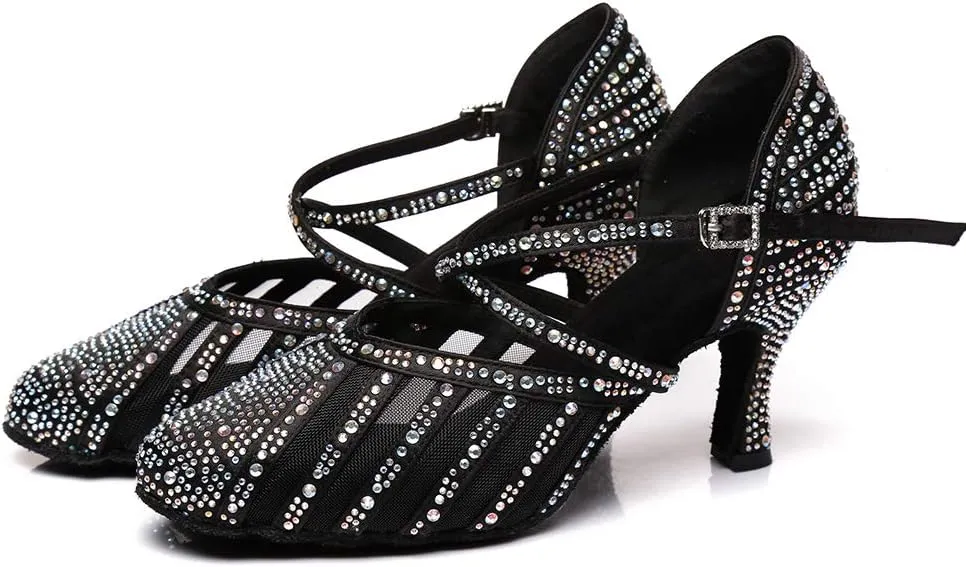DKZSYIM Women's Latin Dance Shoes Ballroom Performance Rhinestone Wedding Dance Shoes,Model YCL403