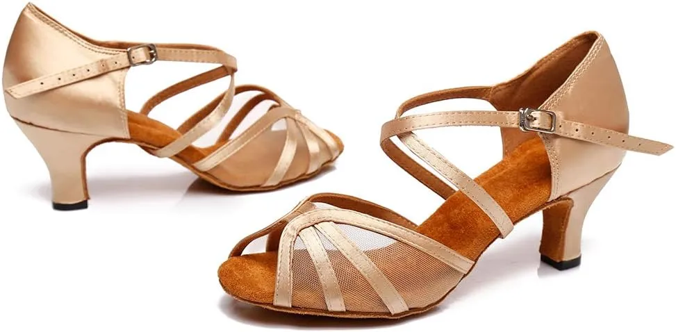 DKZSYIM Women's Satin Latin Dance Shoes Ballroom Performance Practice Dance Shoes,Model YC-D6