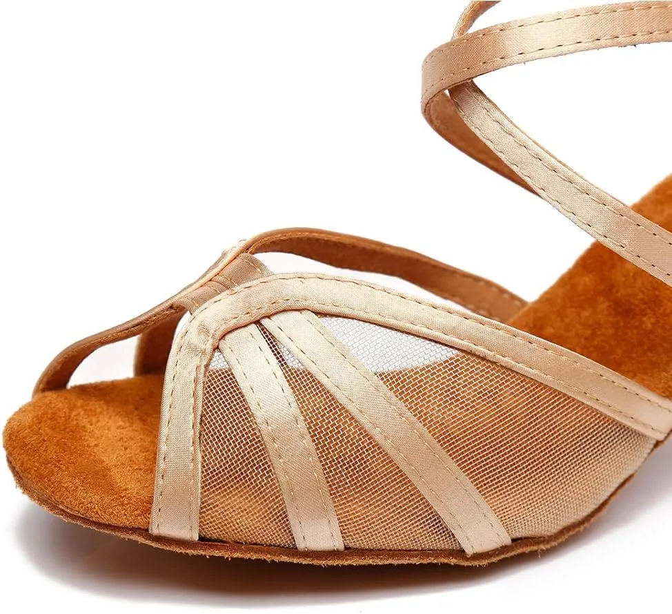 DKZSYIM Women's Satin Latin Dance Shoes Ballroom Performance Practice Dance Shoes,Model YC-D6