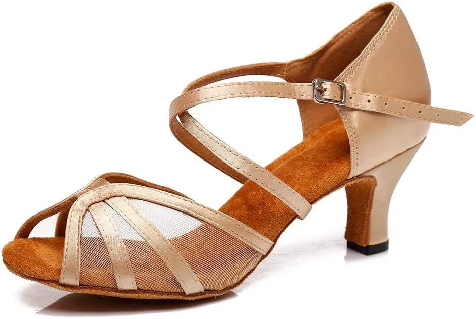 DKZSYIM Women's Satin Latin Dance Shoes Ballroom Performance Practice Dance Shoes,Model YC-D6
