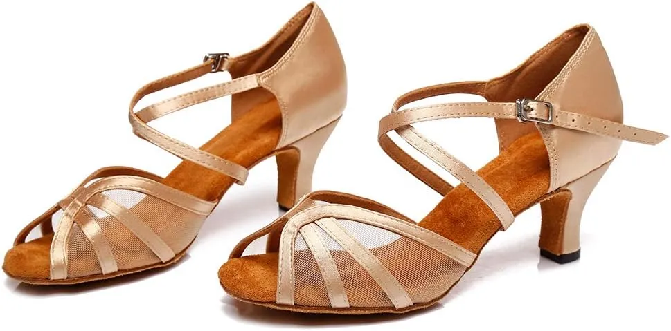 DKZSYIM Women's Satin Latin Dance Shoes Ballroom Performance Practice Dance Shoes,Model YC-D6