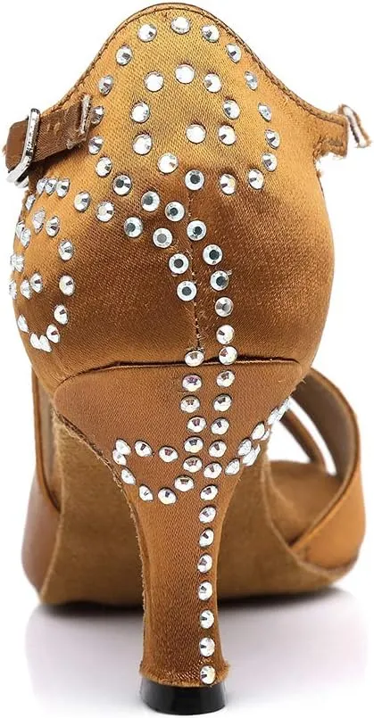 DKZSYIM Women's Satin Latin Dance Shoes Ballroom Performance Rhinestone Salsa Practice Dance Shoes,Model YCL381