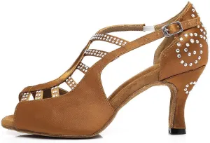 DKZSYIM Women's Satin Latin Dance Shoes Ballroom Performance Rhinestone Salsa Practice Dance Shoes,Model YCL381
