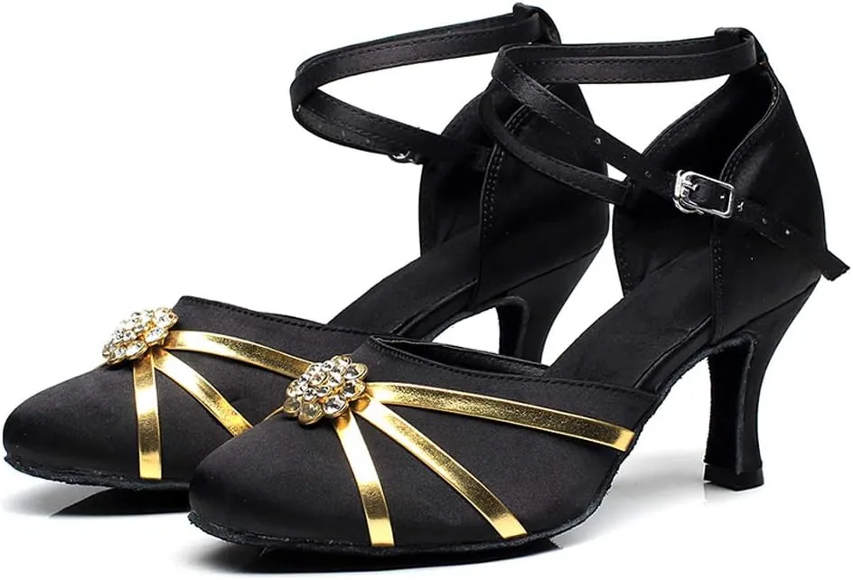 DKZSYIM Women's Satin Latin Dance Shoes Close Toe Ballroom Performance Dancing Shoes,Model QJW1003