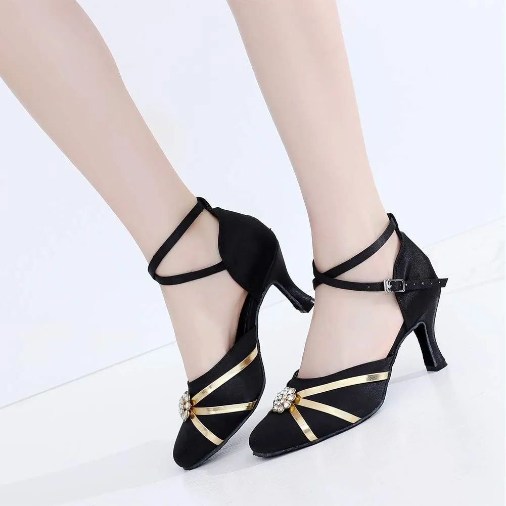 DKZSYIM Women's Satin Latin Dance Shoes Close Toe Ballroom Performance Dancing Shoes,Model QJW1003