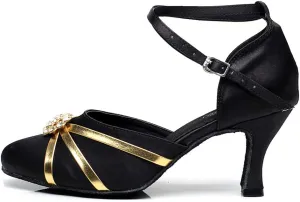 DKZSYIM Women's Satin Latin Dance Shoes Close Toe Ballroom Performance Dancing Shoes,Model QJW1003
