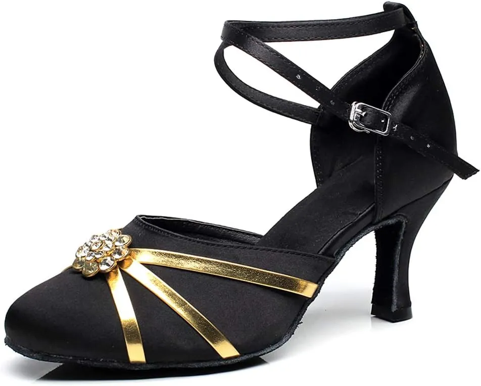 DKZSYIM Women's Satin Latin Dance Shoes Close Toe Ballroom Performance Dancing Shoes,Model QJW1003