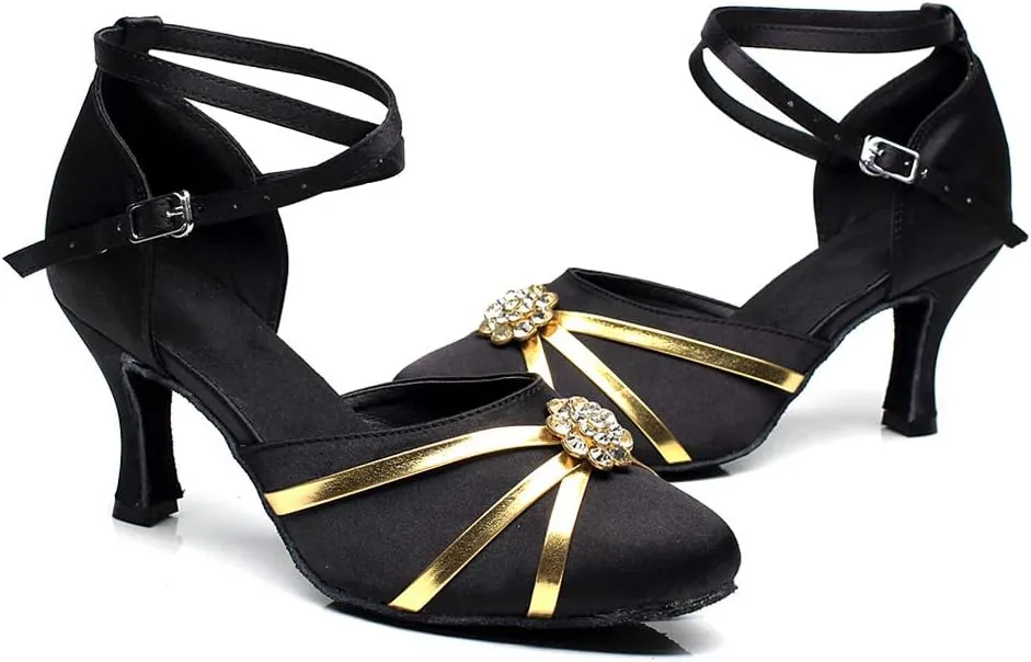 DKZSYIM Women's Satin Latin Dance Shoes Close Toe Ballroom Performance Dancing Shoes,Model QJW1003