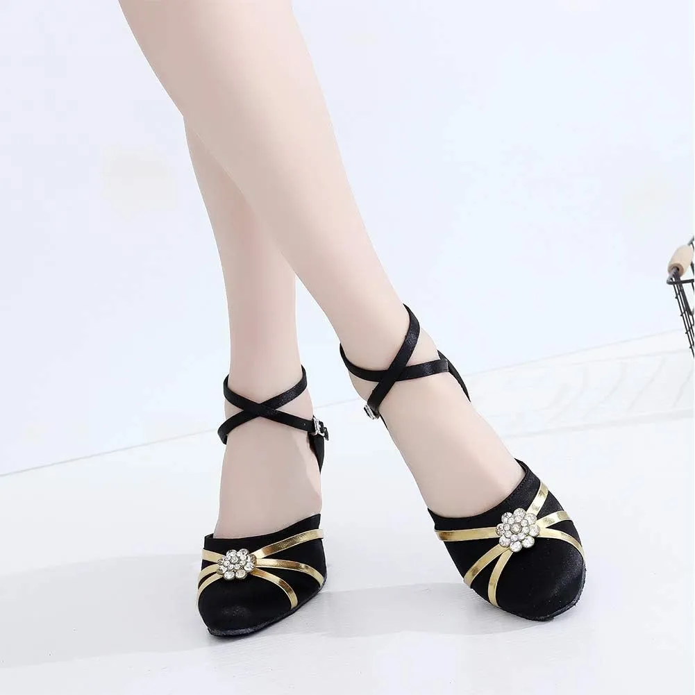 DKZSYIM Women's Satin Latin Dance Shoes Close Toe Ballroom Performance Dancing Shoes,Model QJW1003