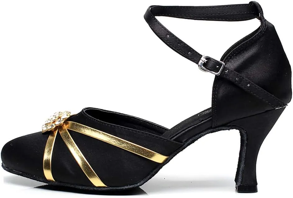 DKZSYIM Women's Satin Latin Dance Shoes Close Toe Ballroom Performance Dancing Shoes,Model QJW1003