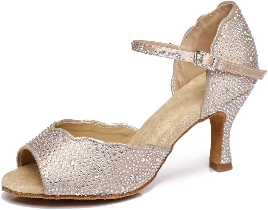 DKZSYIM Women's Satin Latin Dance Shoes Practice Rhinestone Dance Shoes,Practice Dancing Shoes Model YCL389
