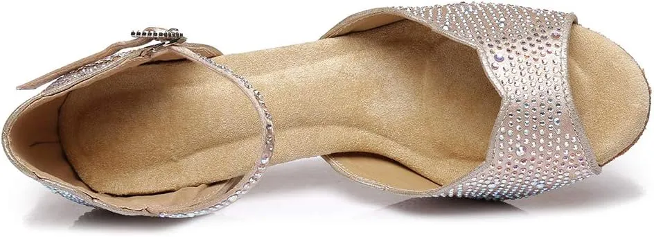 DKZSYIM Women's Satin Latin Dance Shoes Practice Rhinestone Dance Shoes,Practice Dancing Shoes Model YCL389
