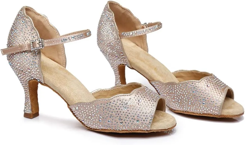 DKZSYIM Women's Satin Latin Dance Shoes Practice Rhinestone Dance Shoes,Practice Dancing Shoes Model YCL389