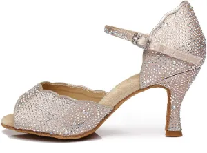 DKZSYIM Women's Satin Latin Dance Shoes Practice Rhinestone Dance Shoes,Practice Dancing Shoes Model YCL389