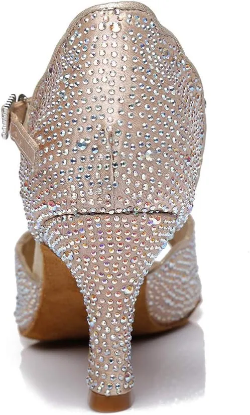 DKZSYIM Women's Satin Latin Dance Shoes Practice Rhinestone Dance Shoes,Practice Dancing Shoes Model YCL389