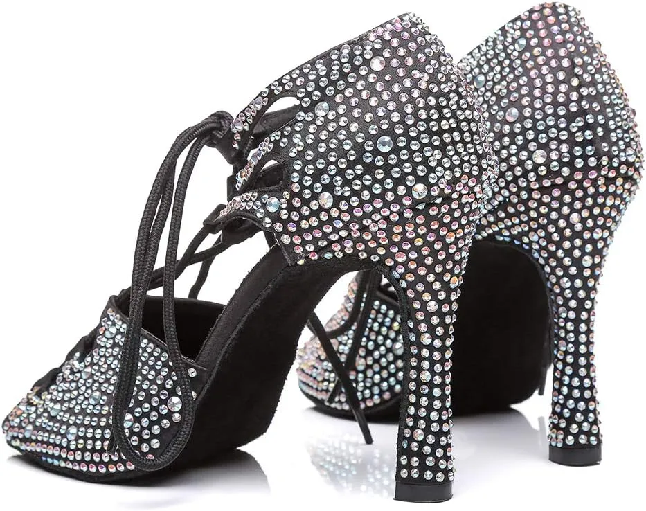 DKZSYIM Women's Satin Latin Dance Shoes Wedding Rhinestone Dance Shoes,Practice Dancing Shoes Model YCL379