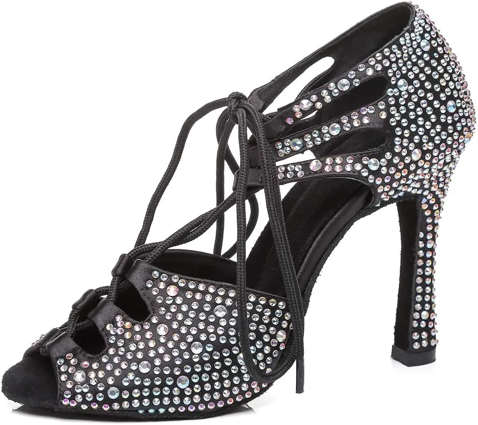 DKZSYIM Women's Satin Latin Dance Shoes Wedding Rhinestone Dance Shoes,Practice Dancing Shoes Model YCL379