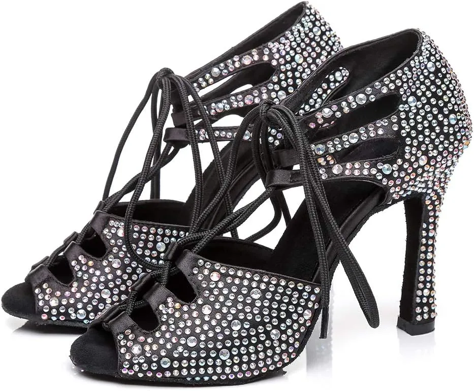 DKZSYIM Women's Satin Latin Dance Shoes Wedding Rhinestone Dance Shoes,Practice Dancing Shoes Model YCL379