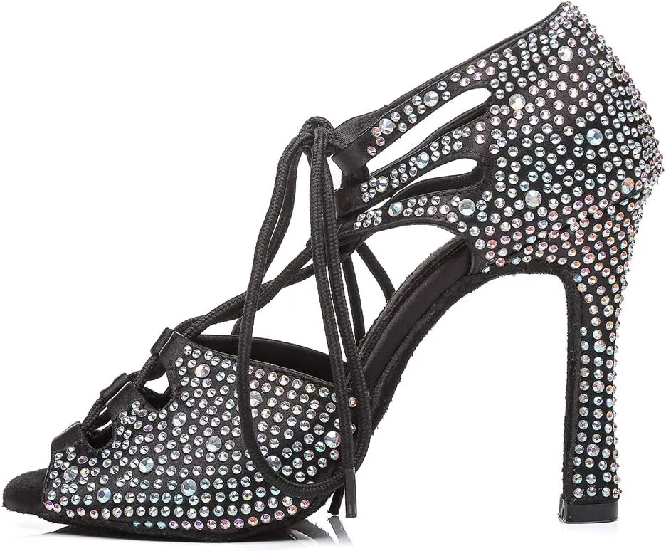 DKZSYIM Women's Satin Latin Dance Shoes Wedding Rhinestone Dance Shoes,Practice Dancing Shoes Model YCL379