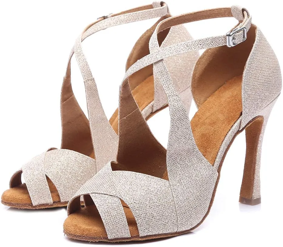 DKZSYIM Women's Satin Latin Practice Dance Shoes Ballroom Suede Sole Wedding Performance Dance Shoe,Model NU230