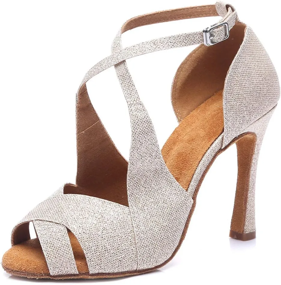 DKZSYIM Women's Satin Latin Practice Dance Shoes Ballroom Suede Sole Wedding Performance Dance Shoe,Model NU230