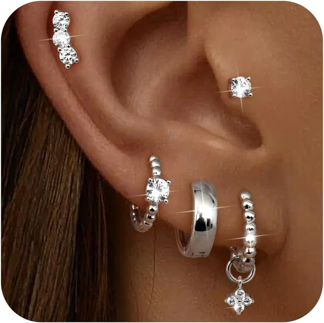 Dochais Small Gold Hoop Studs Earrings 14k Gold Plated Huggie Earrings for Women Trendy 925 Sterling Silver Cartilage Earring Stacks Hypoallergenic Earring Sets