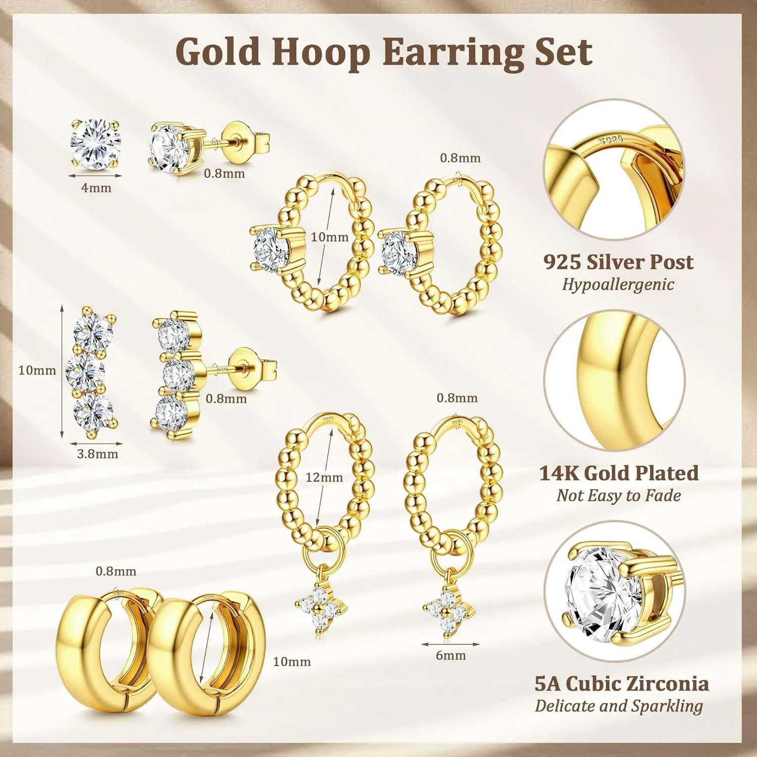 Dochais Small Gold Hoop Studs Earrings 14k Gold Plated Huggie Earrings for Women Trendy 925 Sterling Silver Cartilage Earring Stacks Hypoallergenic Earring Sets