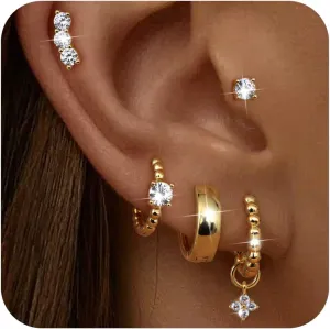 Dochais Small Gold Hoop Studs Earrings 14k Gold Plated Huggie Earrings for Women Trendy 925 Sterling Silver Cartilage Earring Stacks Hypoallergenic Earring Sets