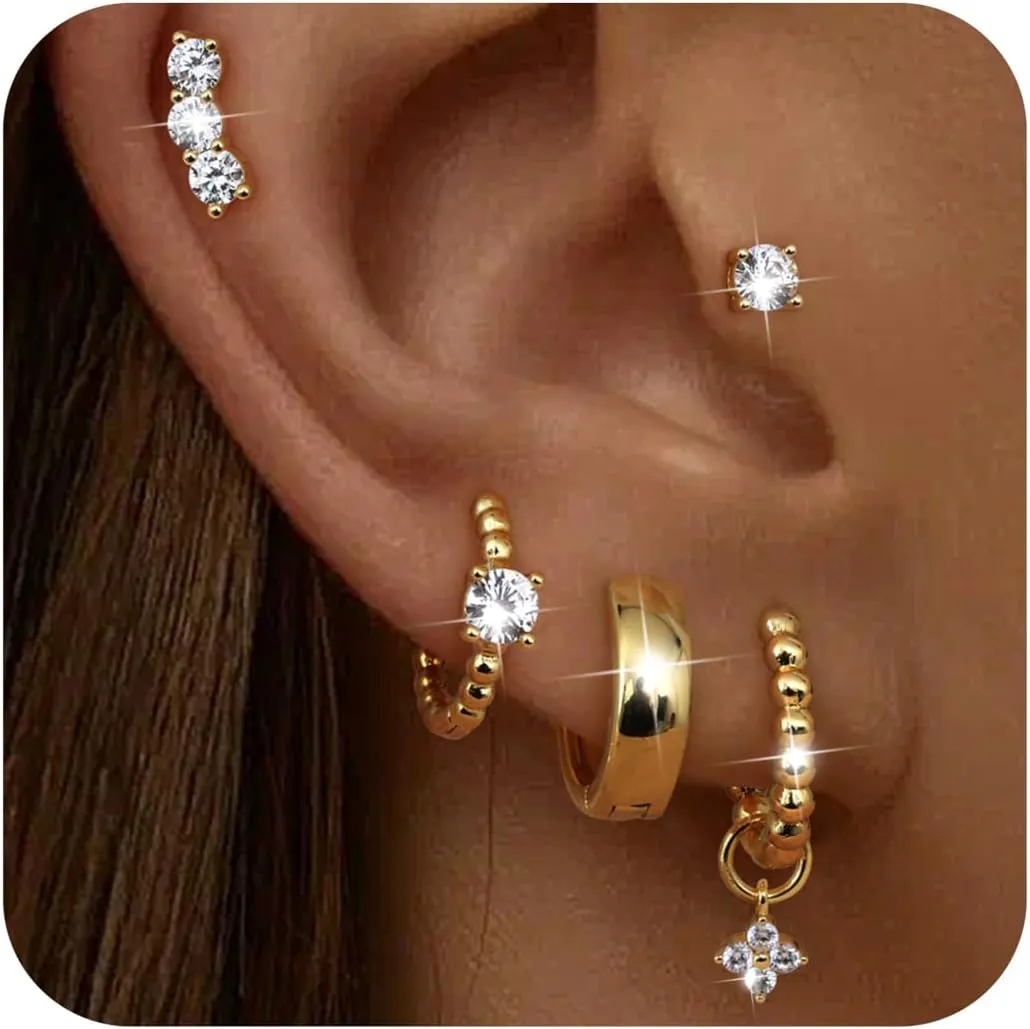 Dochais Small Gold Hoop Studs Earrings 14k Gold Plated Huggie Earrings for Women Trendy 925 Sterling Silver Cartilage Earring Stacks Hypoallergenic Earring Sets