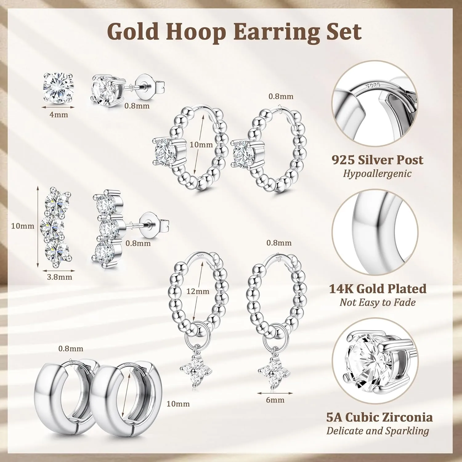 Dochais Small Gold Hoop Studs Earrings 14k Gold Plated Huggie Earrings for Women Trendy 925 Sterling Silver Cartilage Earring Stacks Hypoallergenic Earring Sets