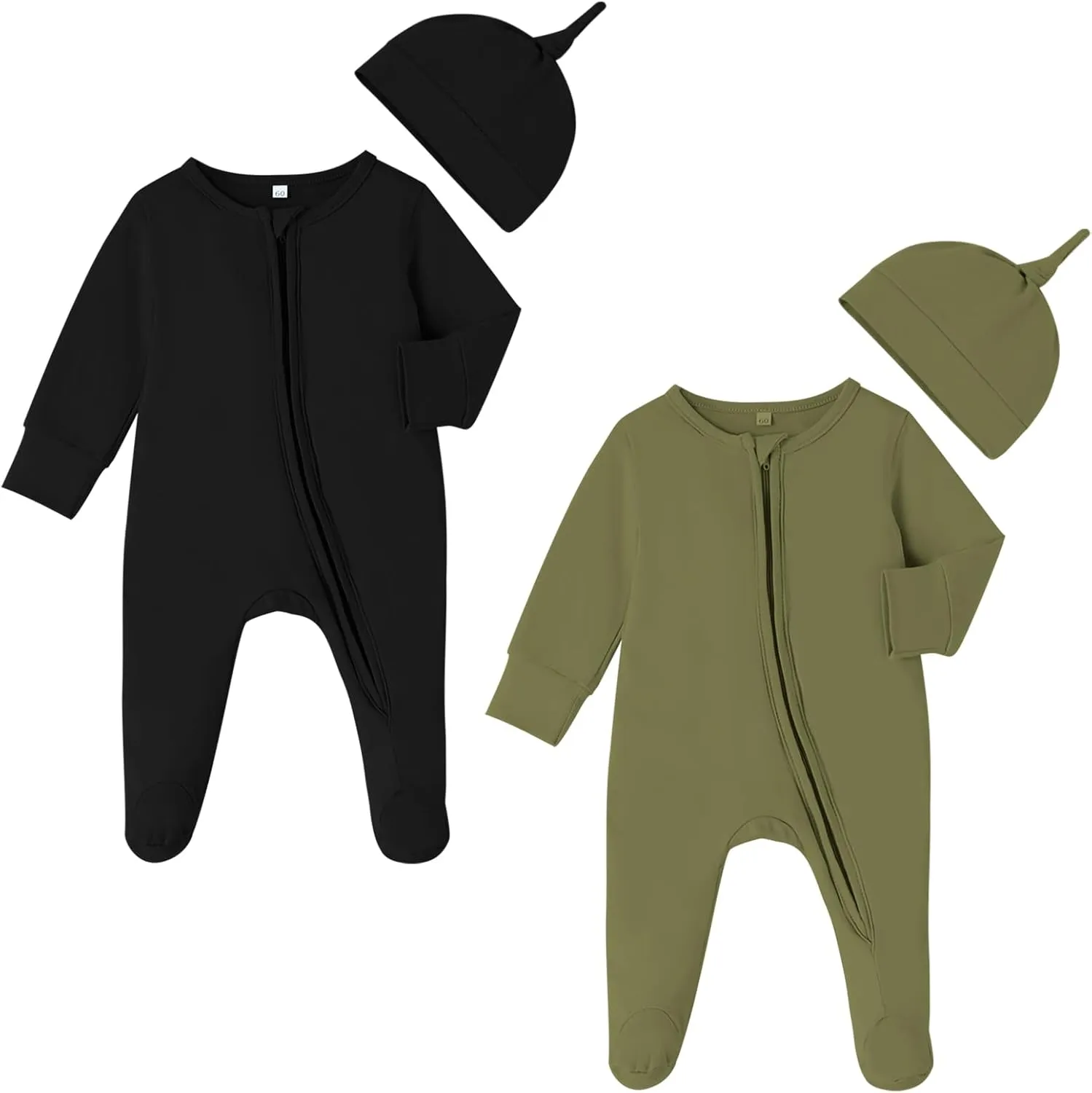 DREAM BUS 2 Pack Newborn One-piece Zipped Romper with Beanie Hats Baby Boy Long Sleeve Footie Infant Cotton Jumpsuit
