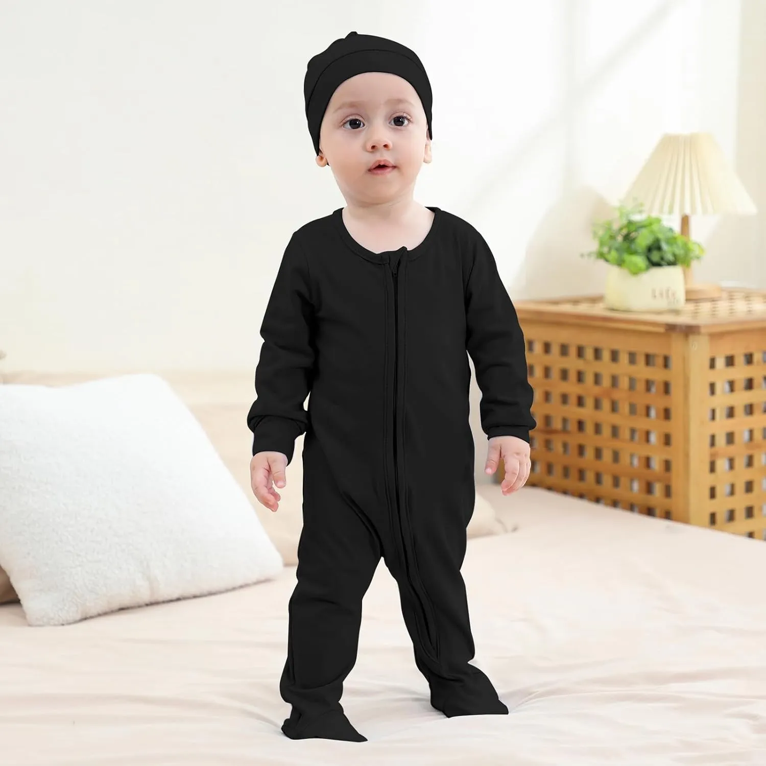 DREAM BUS 2 Pack Newborn One-piece Zipped Romper with Beanie Hats Baby Boy Long Sleeve Footie Infant Cotton Jumpsuit