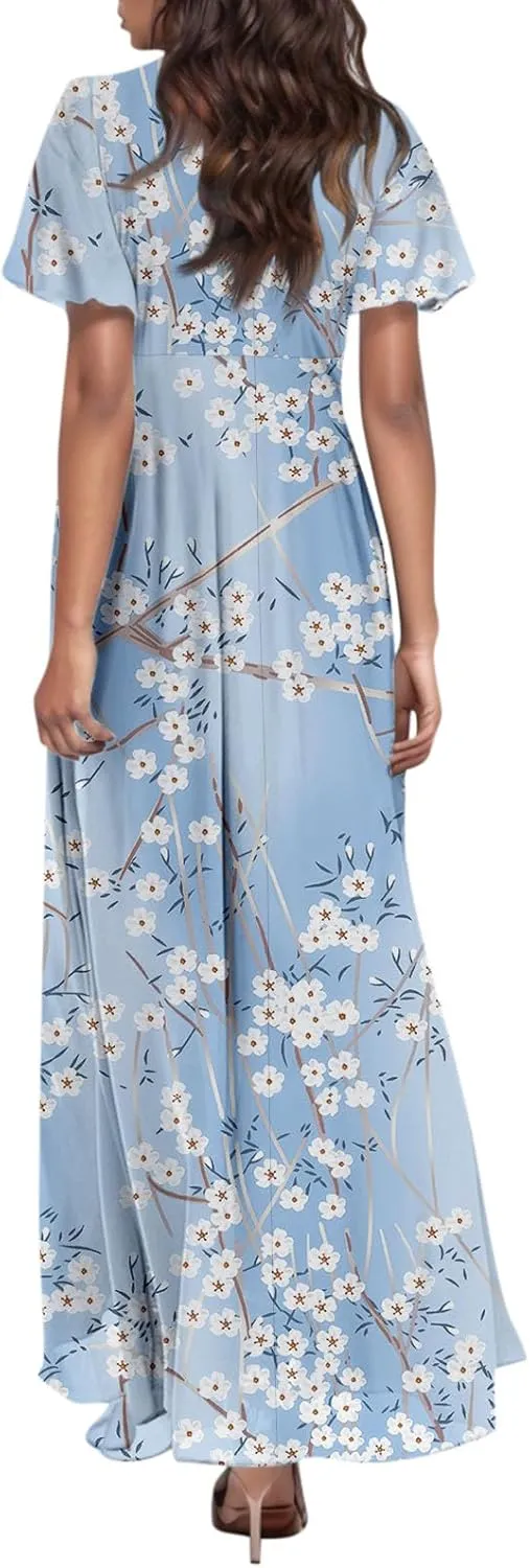 Dresses for Church Women 2025 Maxi Dress Summer Wrap Floral Ruffle Sleeve Chiffon Wedding Dress Boho