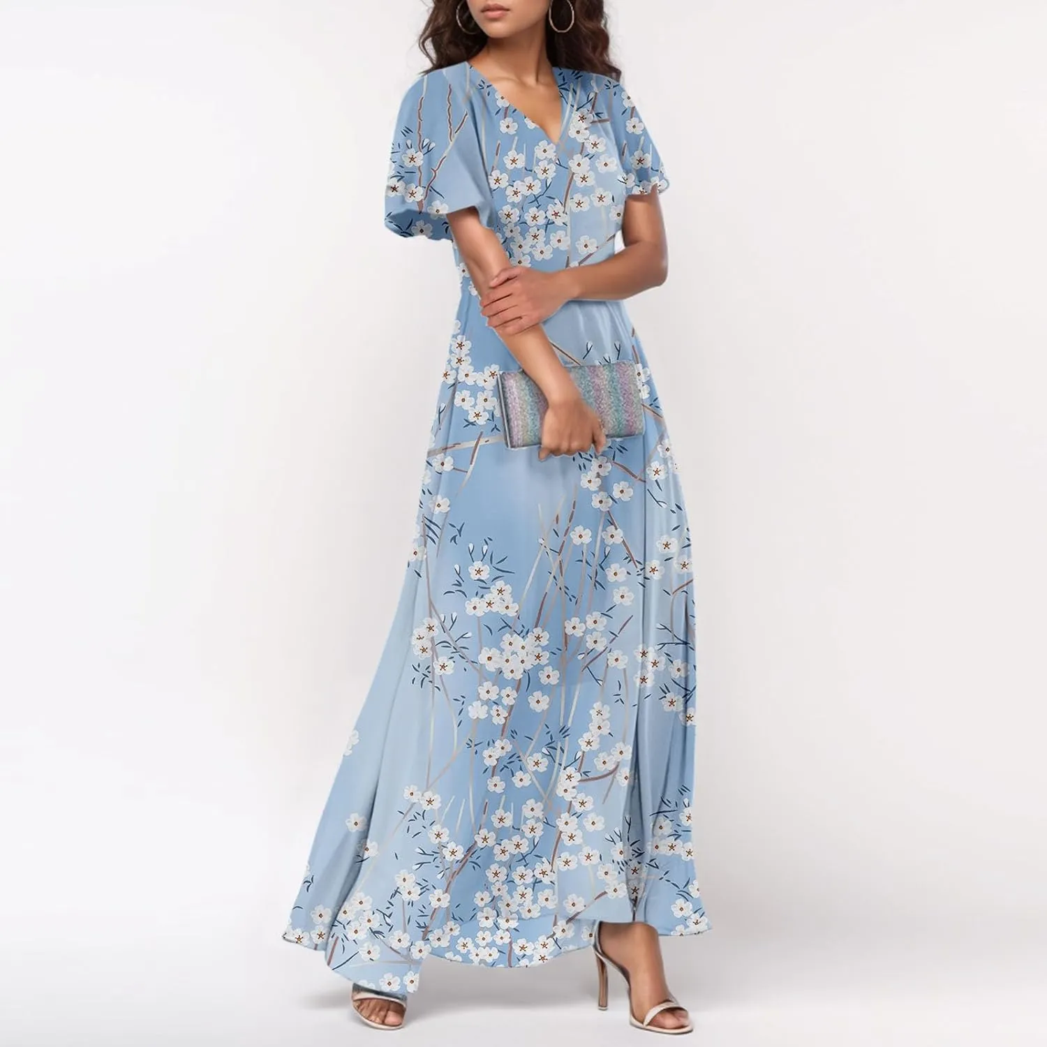 Dresses for Church Women 2025 Maxi Dress Summer Wrap Floral Ruffle Sleeve Chiffon Wedding Dress Boho