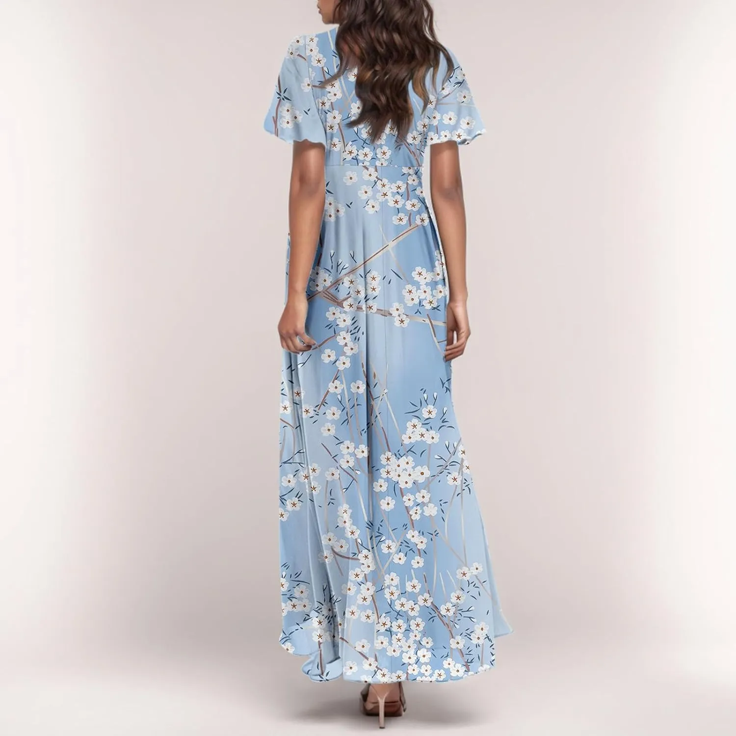 Dresses for Church Women 2025 Maxi Dress Summer Wrap Floral Ruffle Sleeve Chiffon Wedding Dress Boho