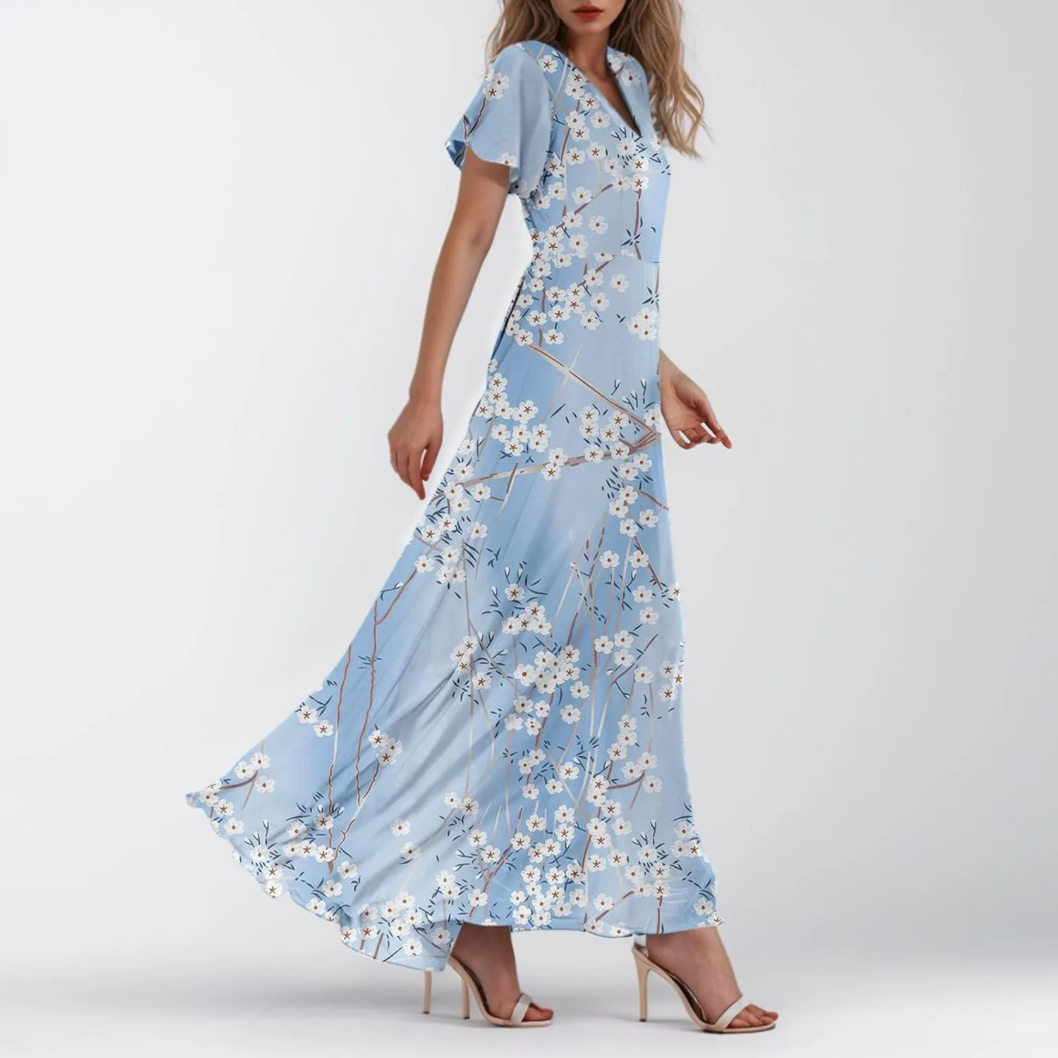 Dresses for Church Women 2025 Maxi Dress Summer Wrap Floral Ruffle Sleeve Chiffon Wedding Dress Boho