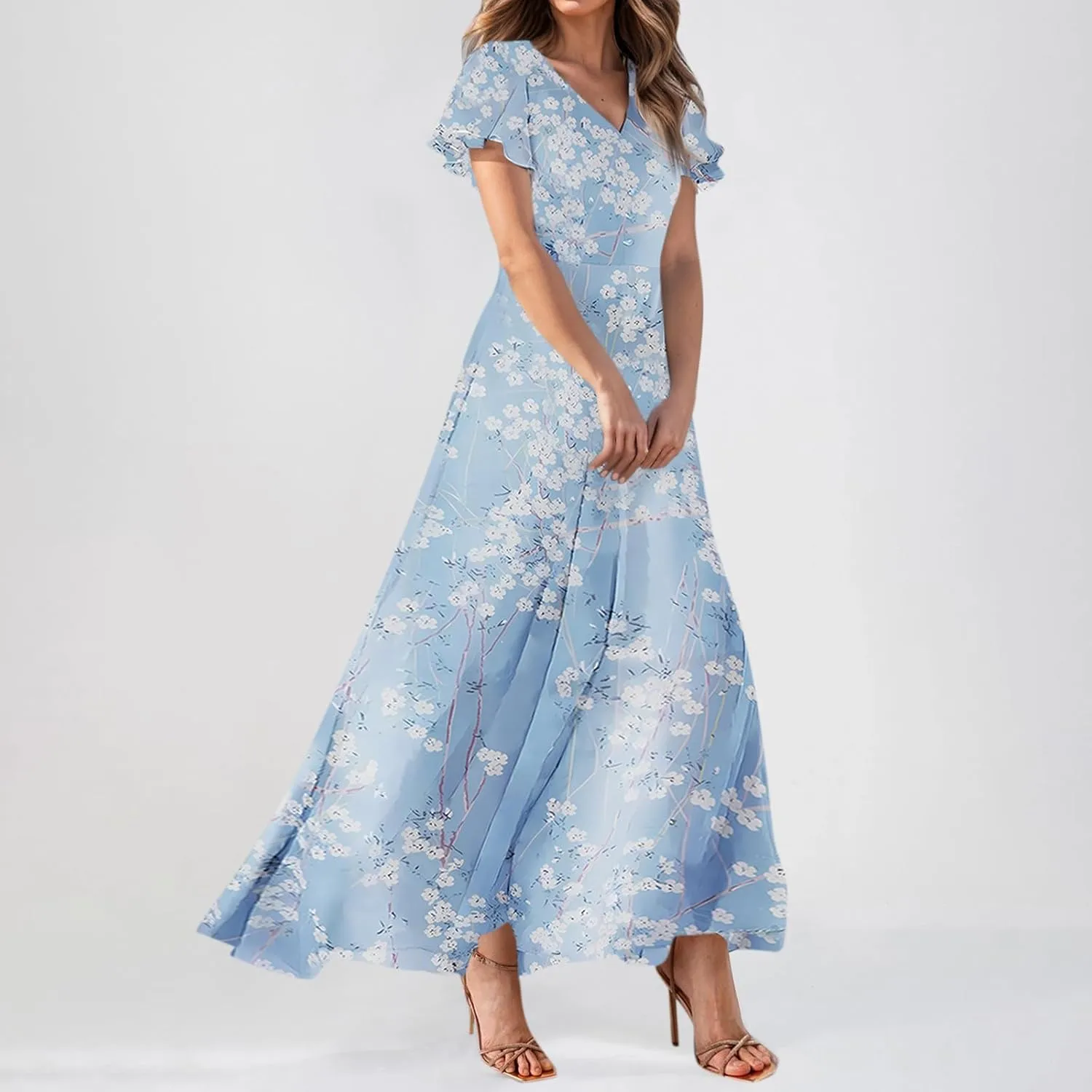 Dresses for Church Women 2025 Maxi Dress Summer Wrap Floral Ruffle Sleeve Chiffon Wedding Dress Boho