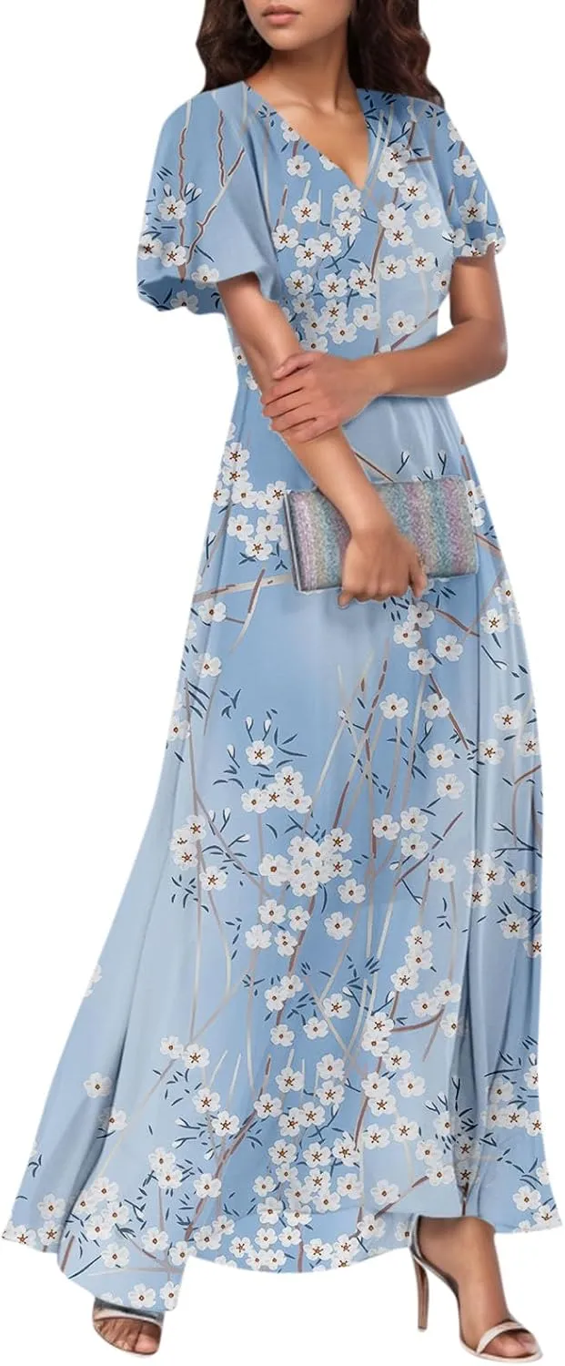 Dresses for Church Women 2025 Maxi Dress Summer Wrap Floral Ruffle Sleeve Chiffon Wedding Dress Boho