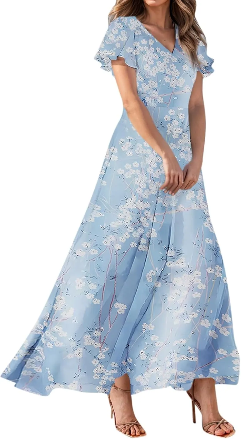 Dresses for Church Women 2025 Maxi Dress Summer Wrap Floral Ruffle Sleeve Chiffon Wedding Dress Boho