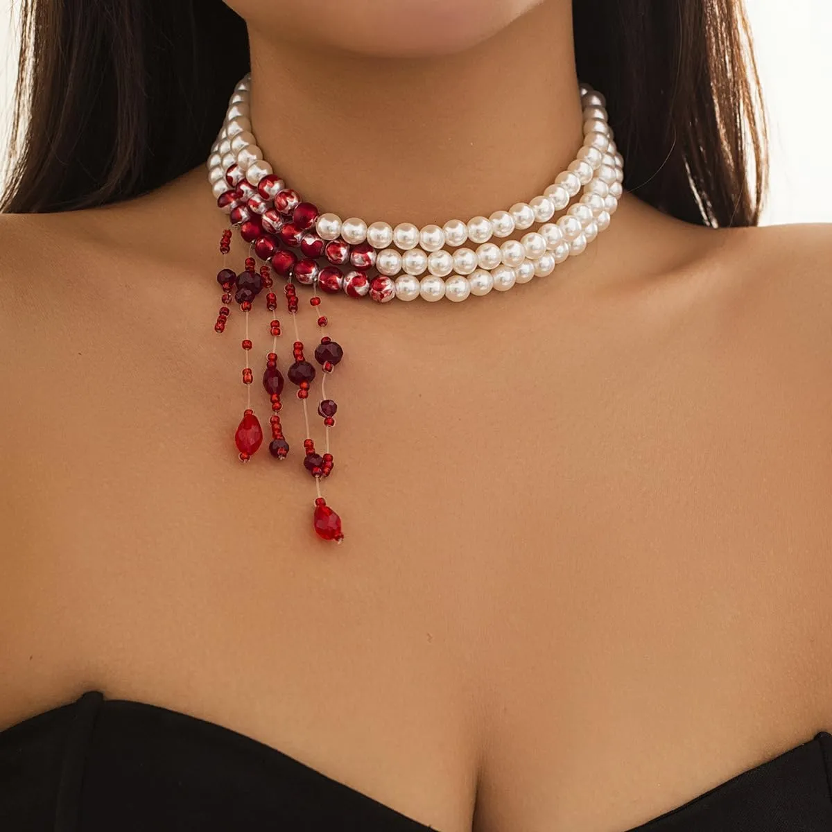 Dripping Blood Pearl Choker Necklace for Women Multiply Layer Halloween Pearl Necklaces Gothic Vampire Party Costume Jewelry Gifts