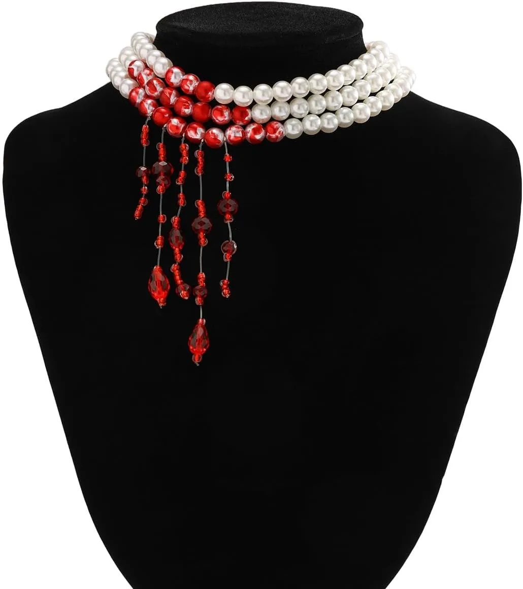 Dripping Blood Pearl Choker Necklace for Women Multiply Layer Halloween Pearl Necklaces Gothic Vampire Party Costume Jewelry Gifts