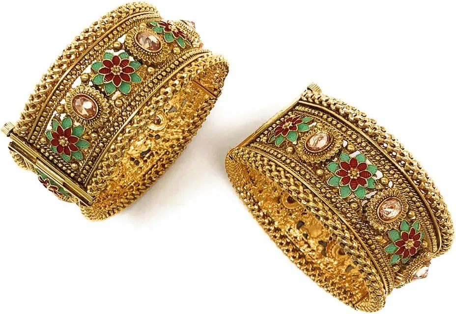 Duel On Jewel Indian Pakistani Bridal Womens Openable Kada Bangle Bracelet Sets, Gold-Plated with Zircon, Polki, Meenakari Enamel, Filigree Designs, 0.75-1.38 Inch Width, Medium Size 2-6, Party Gift