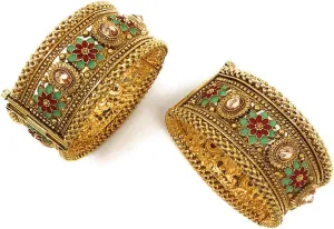 Duel On Jewel Indian Pakistani Bridal Womens Openable Kada Bangle Bracelet Sets, Gold-Plated with Zircon, Polki, Meenakari Enamel, Filigree Designs, 0.75-1.38 Inch Width, Medium Size 2-6, Party Gift