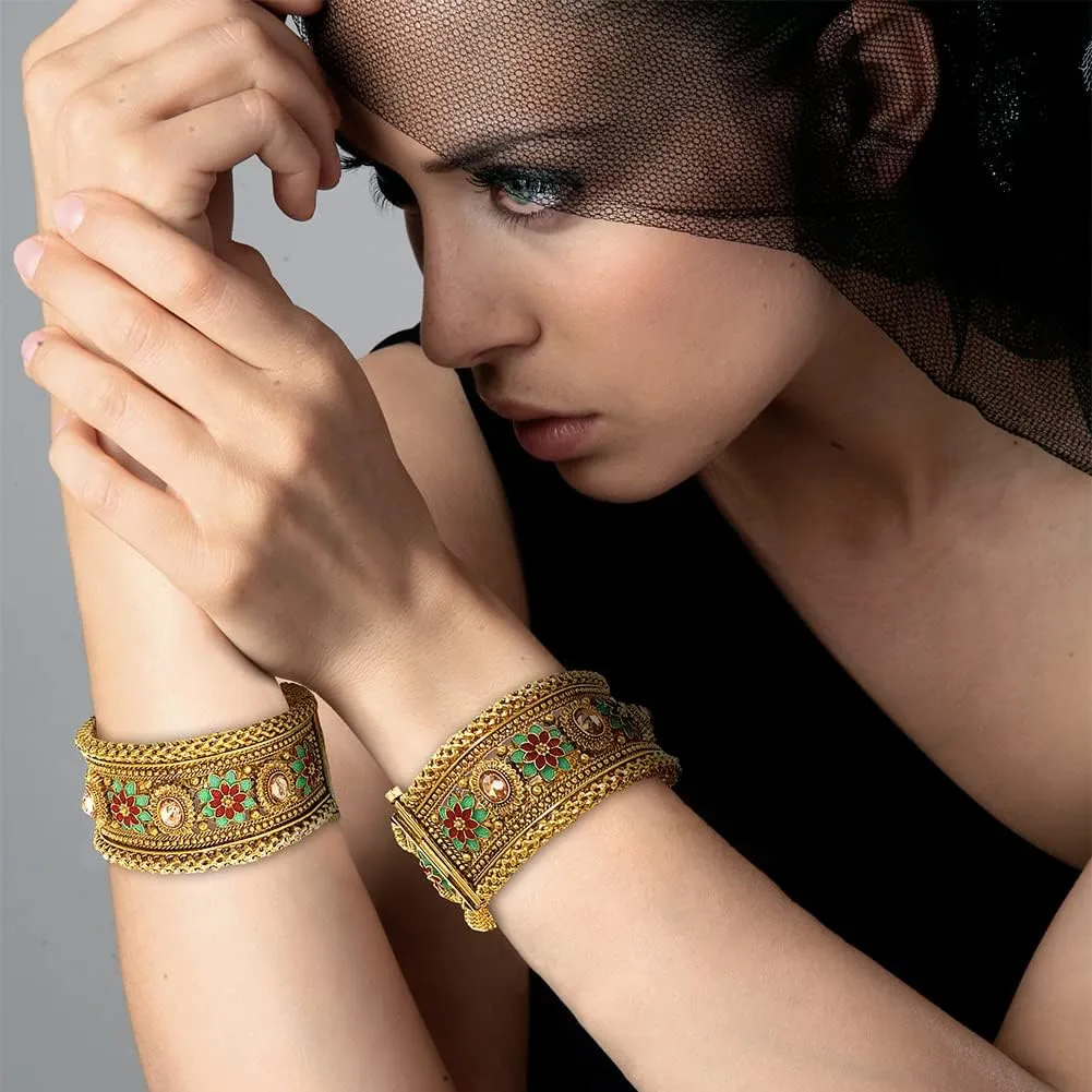 Duel On Jewel Indian Pakistani Bridal Womens Openable Kada Bangle Bracelet Sets, Gold-Plated with Zircon, Polki, Meenakari Enamel, Filigree Designs, 0.75-1.38 Inch Width, Medium Size 2-6, Party Gift