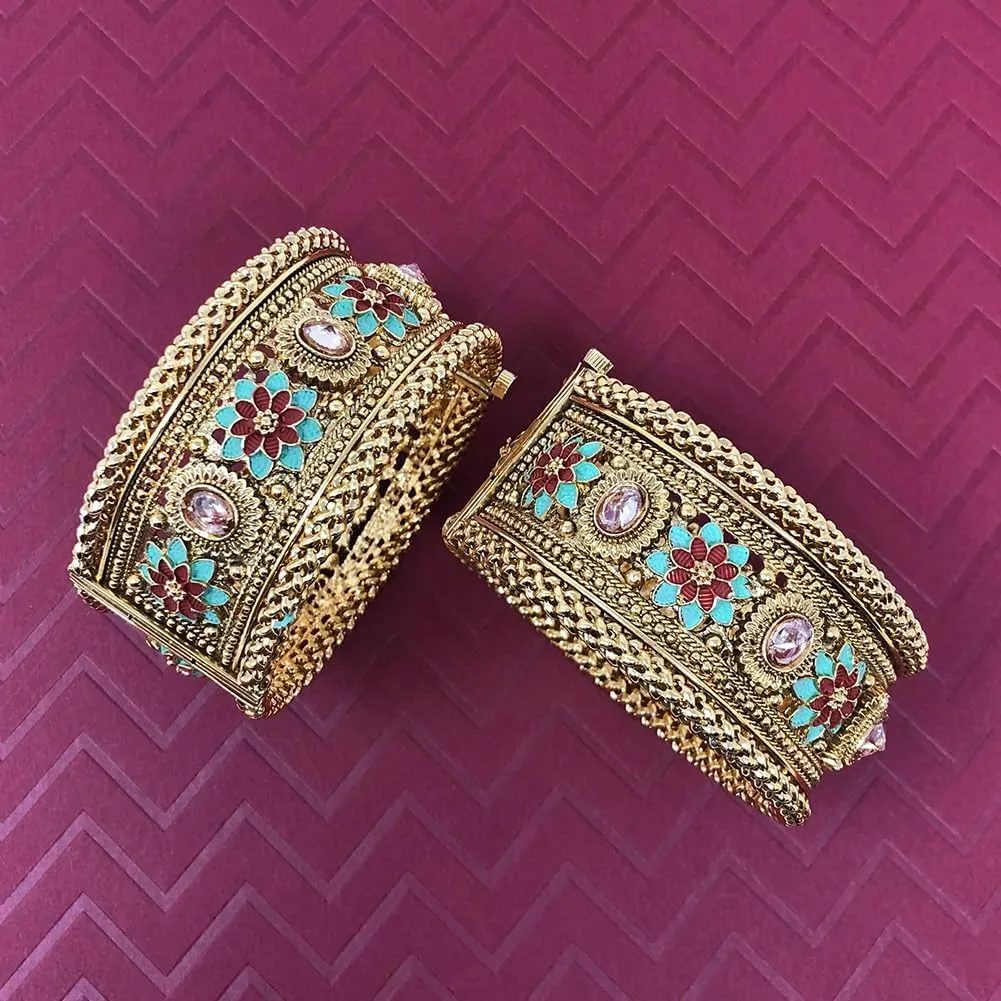 Duel On Jewel Indian Pakistani Bridal Womens Openable Kada Bangle Bracelet Sets, Gold-Plated with Zircon, Polki, Meenakari Enamel, Filigree Designs, 0.75-1.38 Inch Width, Medium Size 2-6, Party Gift