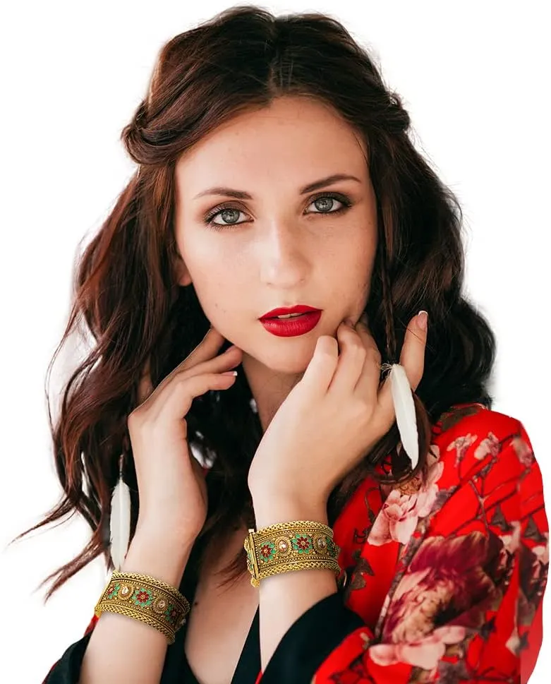 Duel On Jewel Indian Pakistani Bridal Womens Openable Kada Bangle Bracelet Sets, Gold-Plated with Zircon, Polki, Meenakari Enamel, Filigree Designs, 0.75-1.38 Inch Width, Medium Size 2-6, Party Gift