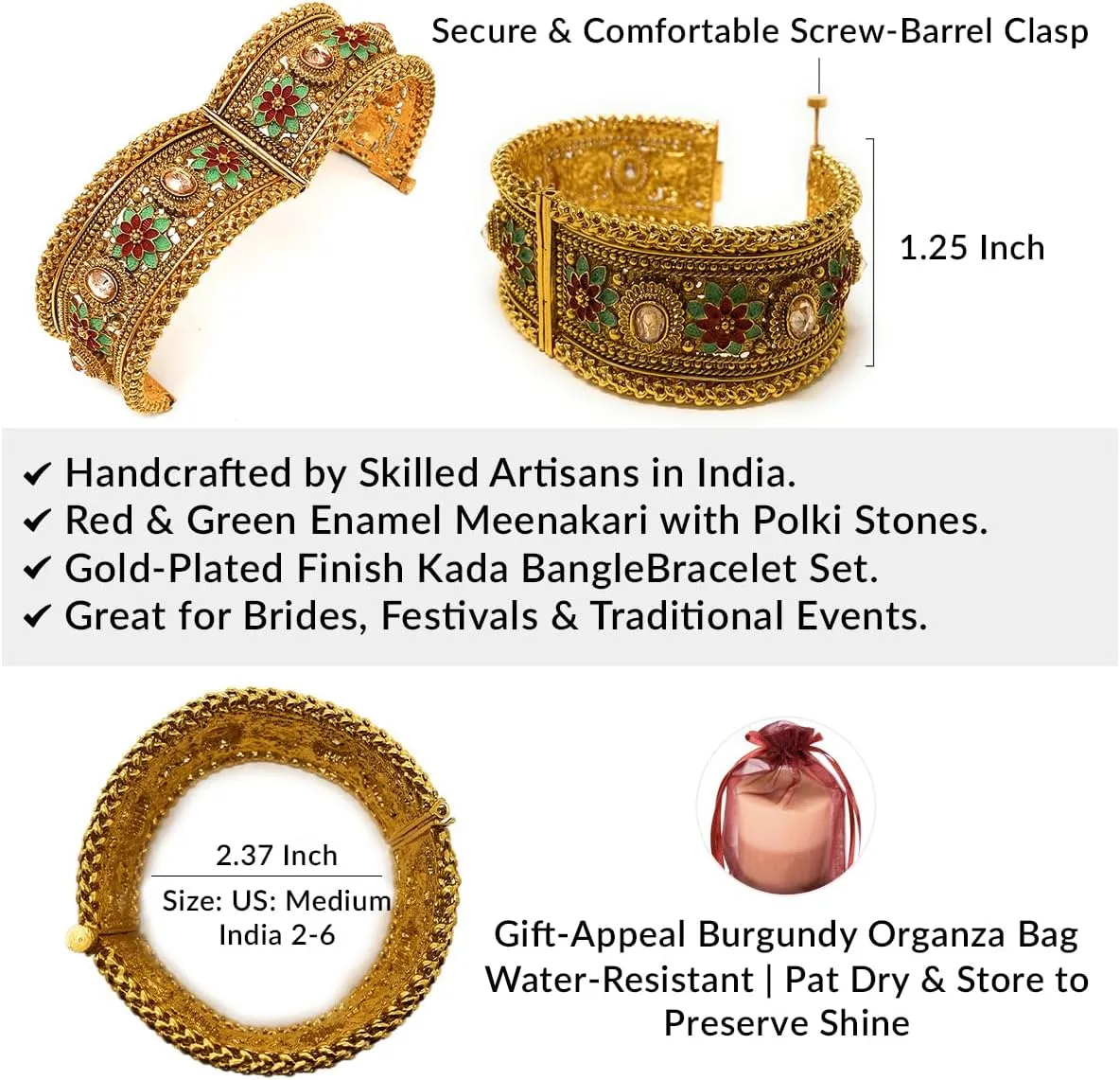 Duel On Jewel Indian Pakistani Bridal Womens Openable Kada Bangle Bracelet Sets, Gold-Plated with Zircon, Polki, Meenakari Enamel, Filigree Designs, 0.75-1.38 Inch Width, Medium Size 2-6, Party Gift