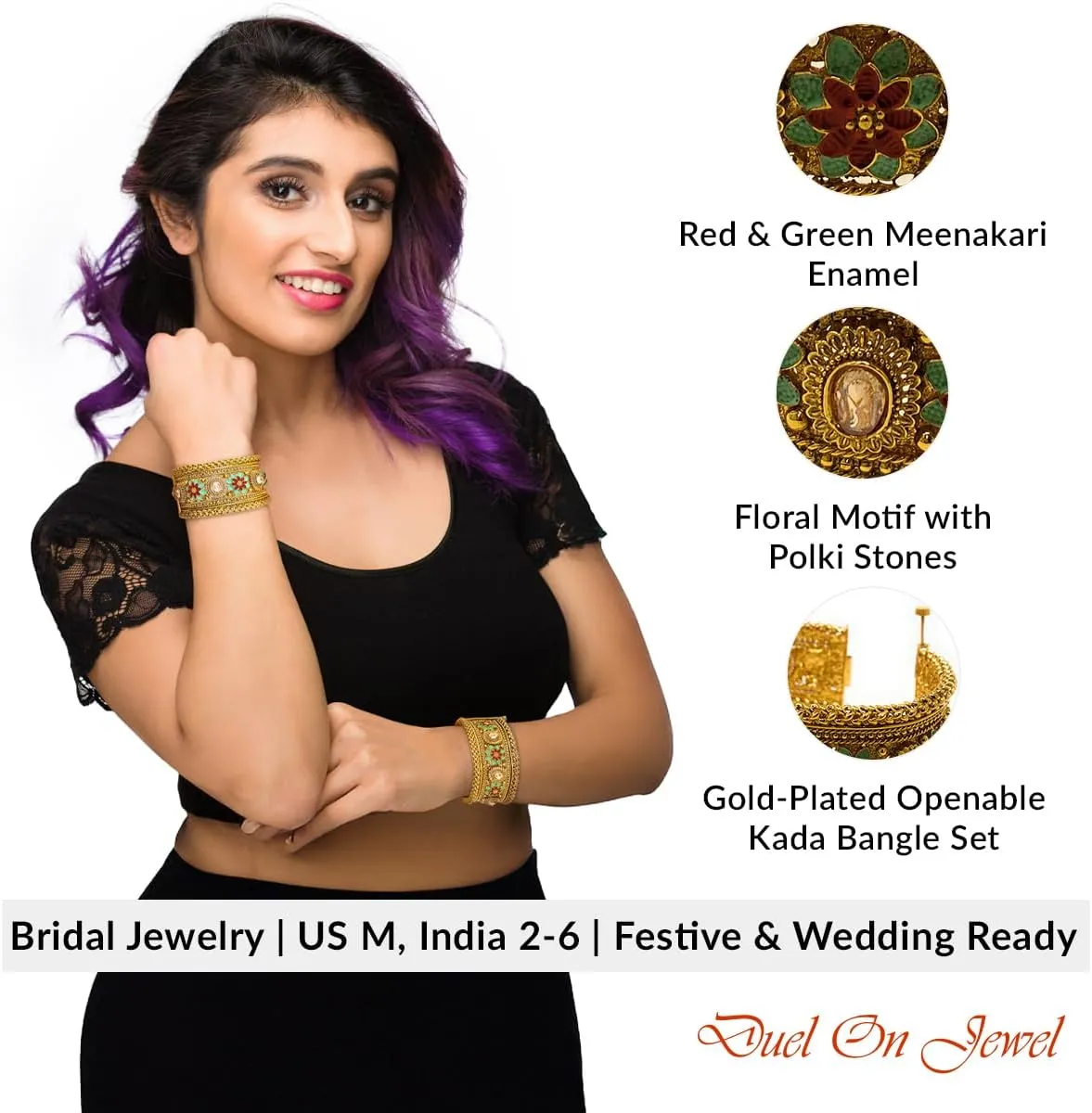 Duel On Jewel Indian Pakistani Bridal Womens Openable Kada Bangle Bracelet Sets, Gold-Plated with Zircon, Polki, Meenakari Enamel, Filigree Designs, 0.75-1.38 Inch Width, Medium Size 2-6, Party Gift